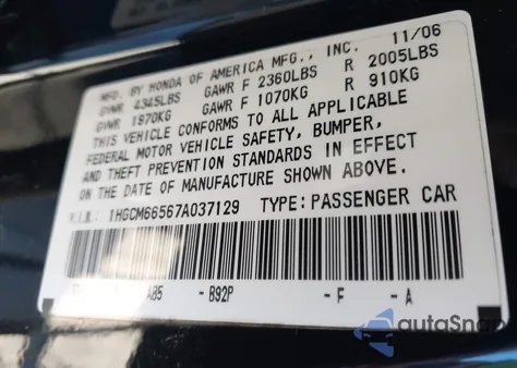 2007 Honda Accord 3.0 Ex from USA, damaged, VIN 1HGCM66567A037129